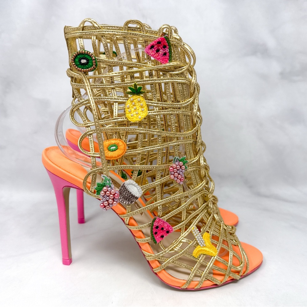 NEW Sophia Webster Delphine Fruit Embellished Leather Caged Sandal Heels Gold 39